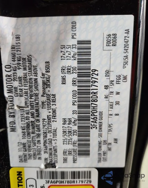 2013 Ford Fusion Se из США, поврежденный, VIN 3FA6P0H78DR179729